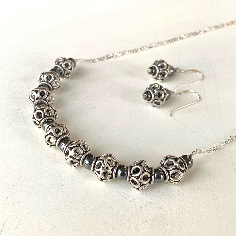 Handcrafted Hematite and Sterling Silver Necklace and Earring Set